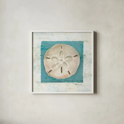 Shades of Blue III by Danhui Nai. Shown in a crisp white glass frame for a clean and minimalist style. Available as an archival giclee rolled canvas, fine art paper, or poster print. SKU 4942a.