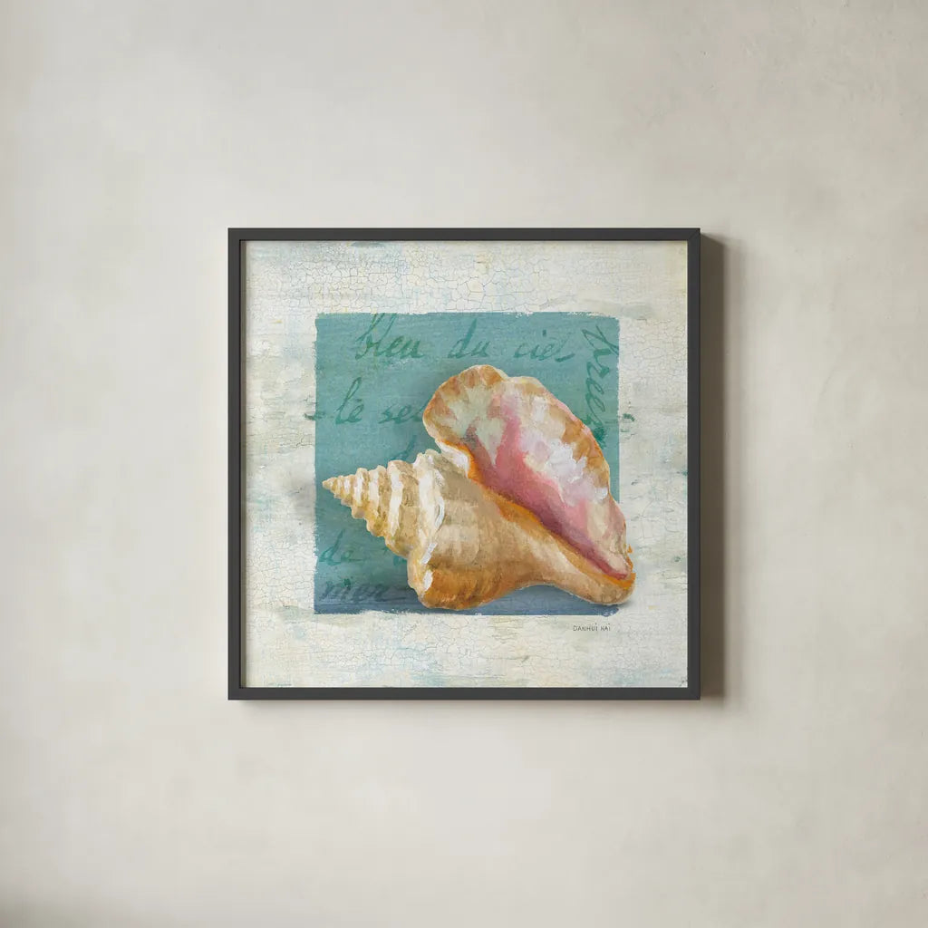 Shades of Blue IV by Danhui Nai. Shown in a sleek black glass frame for a contemporary gallery look. Available as an archival giclee rolled canvas, fine art paper, or poster print. SKU 4943a.