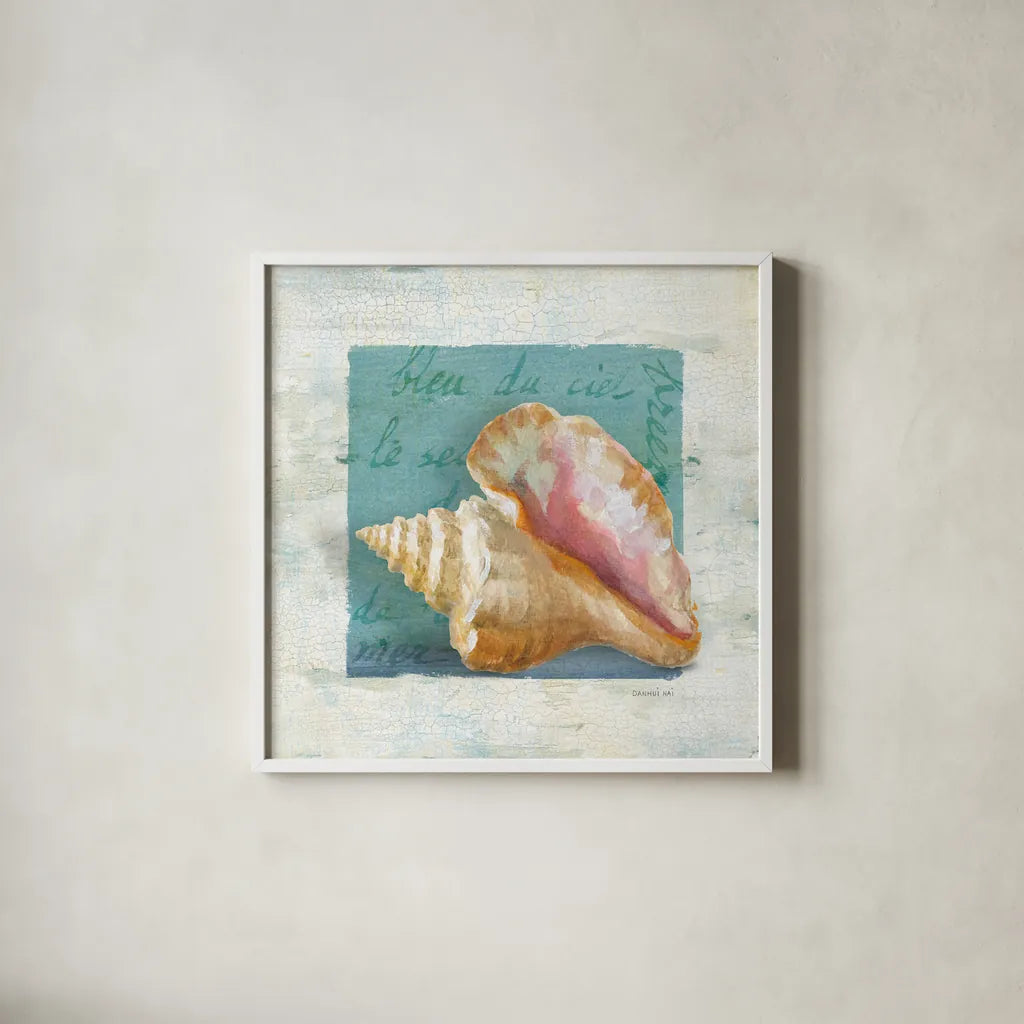 Shades of Blue IV by Danhui Nai. Shown in a crisp white glass frame for a clean and minimalist style. Available as an archival giclee rolled canvas, fine art paper, or poster print. SKU 4943a.