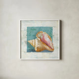 Shades of Blue IV by Danhui Nai. Shown in a crisp white glass frame for a clean and minimalist style. Available as an archival giclee rolled canvas, fine art paper, or poster print. SKU 4943a.