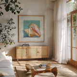 Shades of Blue IV by Danhui Nai. Shown in a natural wood frame in a cozy modern living room. Available as an archival giclee rolled canvas, fine art paper, or poster print. SKU 4943a.