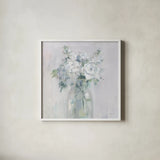 Shades of White Bouquet by Danhui Nai. Shown in a crisp white glass frame for a clean and minimalist style. Available as an archival giclee rolled canvas, fine art paper, or poster print. SKU 83490a.