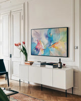 Shangri La Crop by Danhui Nai. shown as a framed stretched canvas in a living room above a console. Available as a archival giclee rolled canvas, fine art paper, or poster print. SKU 64174i.