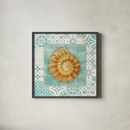 Shell Tiles I by Danhui Nai. Shown in a sleek black glass frame for a contemporary gallery look. Available as an archival giclee rolled canvas, fine art paper, or poster print. SKU 13348a.