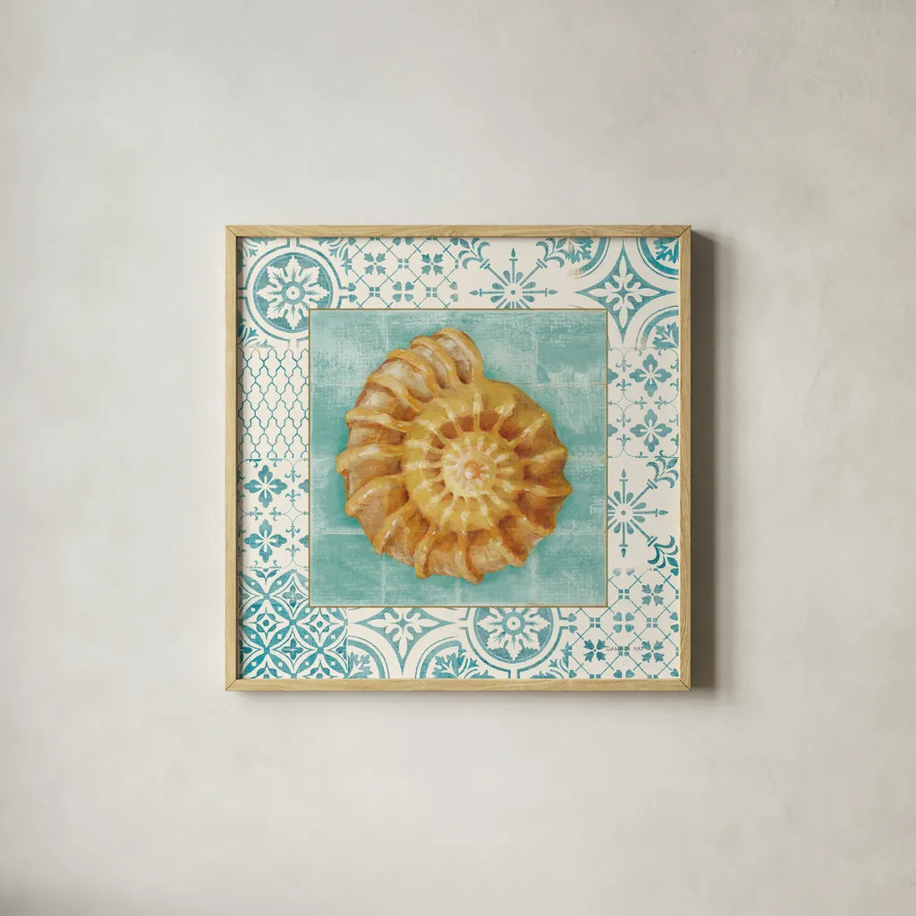 Shell Tiles I by Danhui Nai. Shown in a natural wood glass frame for a timeless modern aesthetic. Available as an archival giclee rolled canvas, fine art paper, or poster print. SKU 13348a.