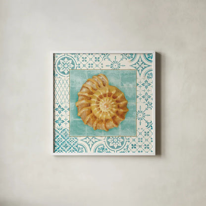 Shell Tiles I by Danhui Nai. Shown in a crisp white glass frame for a clean and minimalist style. Available as an archival giclee rolled canvas, fine art paper, or poster print. SKU 13348a.