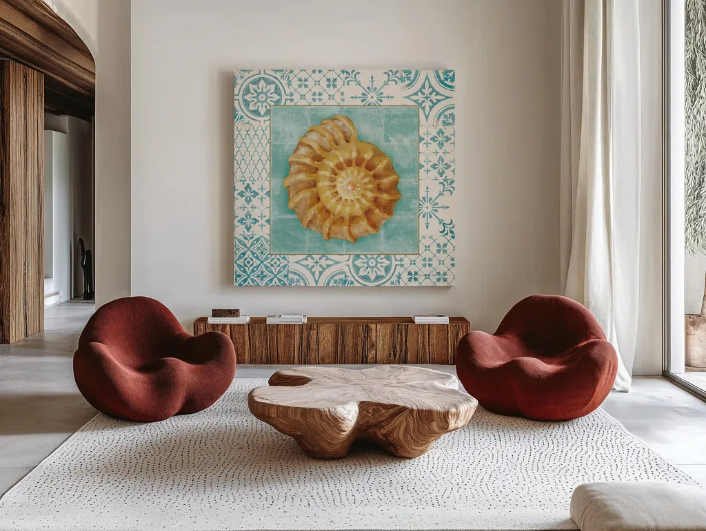 Shell Tiles I by Danhui Nai. Shown as extra-large giant wall art in a modern living room. Available as an archival giclee rolled canvas, fine art paper, or poster print. SKU 13348a.