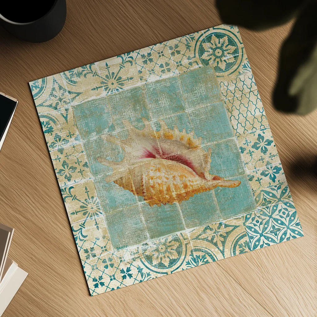 Shell Tiles II Blue by Danhui Nai. Shown as a detailed flat fine art print, highlighting archival giclee quality. Available as an archival giclee rolled canvas, fine art paper, or poster print. SKU 13349a.