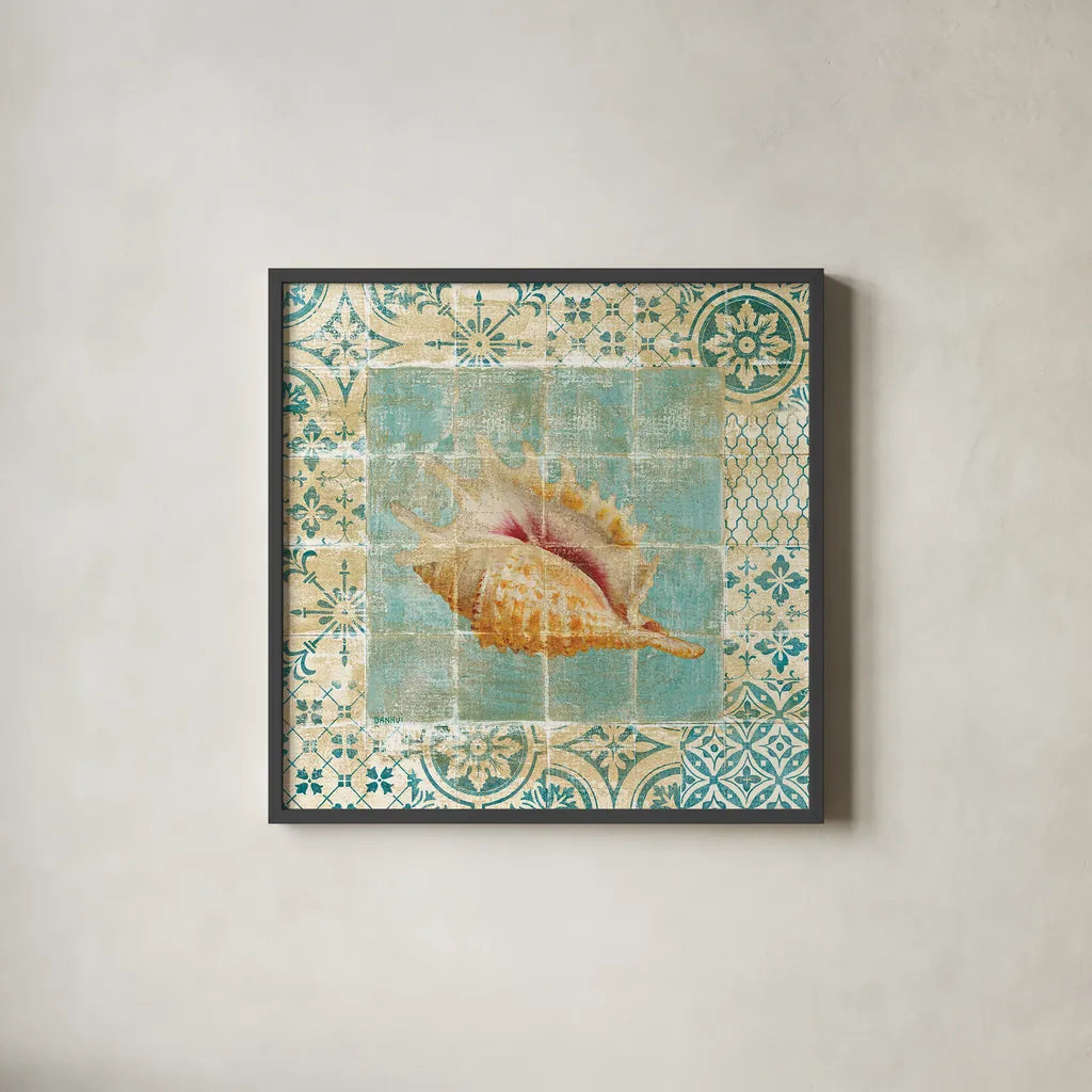 Shell Tiles II Blue by Danhui Nai. Shown in a sleek black glass frame for a contemporary gallery look. Available as an archival giclee rolled canvas, fine art paper, or poster print. SKU 13349a.