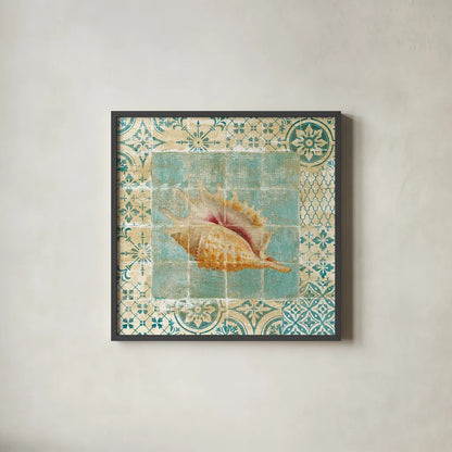 Shell Tiles II Blue by Danhui Nai. Shown in a sleek black glass frame for a contemporary gallery look. Available as an archival giclee rolled canvas, fine art paper, or poster print. SKU 13349a.