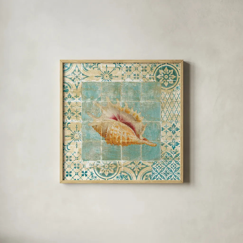 Shell Tiles II Blue by Danhui Nai. Shown in a natural wood glass frame for a timeless modern aesthetic. Available as an archival giclee rolled canvas, fine art paper, or poster print. SKU 13349a.