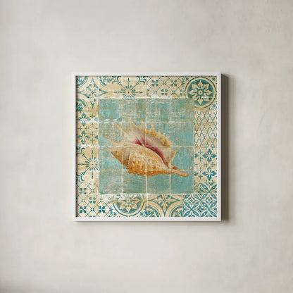 Shell Tiles II Blue by Danhui Nai. Shown in a crisp white glass frame for a clean and minimalist style. Available as an archival giclee rolled canvas, fine art paper, or poster print. SKU 13349a.