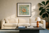 Shell Tiles II Blue by Danhui Nai. Displayed in a glass frame with matte in a clean modern living room. Available as an archival giclee rolled canvas, fine art paper, or poster print. SKU 13349a.