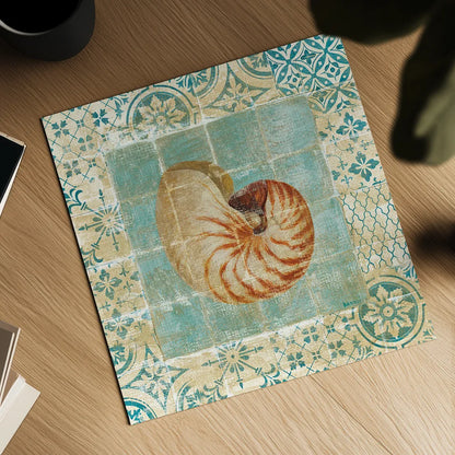 Shell Tiles III Blue by Danhui Nai. Shown as a detailed flat fine art print, highlighting archival giclee quality. Available as an archival giclee rolled canvas, fine art paper, or poster print. SKU 13350a.