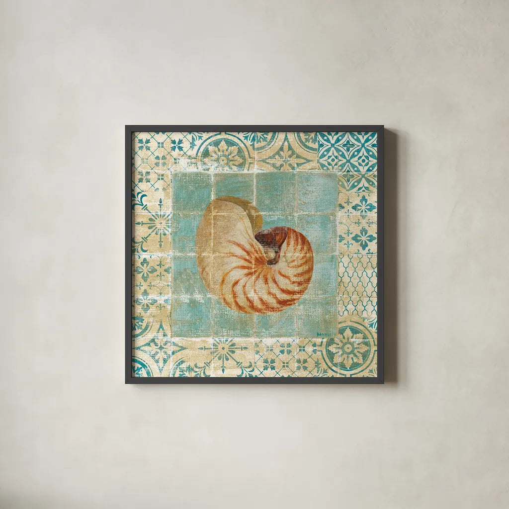 Shell Tiles III Blue by Danhui Nai. Shown in a sleek black glass frame for a contemporary gallery look. Available as an archival giclee rolled canvas, fine art paper, or poster print. SKU 13350a.