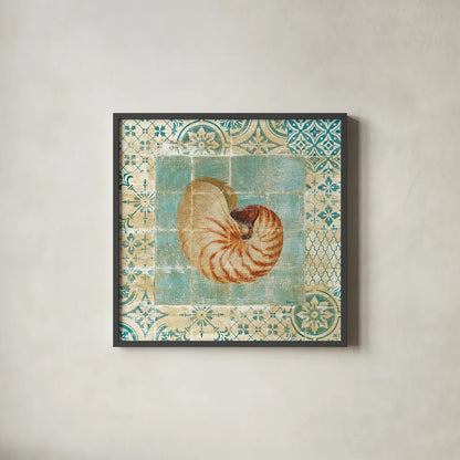 Shell Tiles III Blue by Danhui Nai. Shown in a sleek black glass frame for a contemporary gallery look. Available as an archival giclee rolled canvas, fine art paper, or poster print. SKU 13350a.