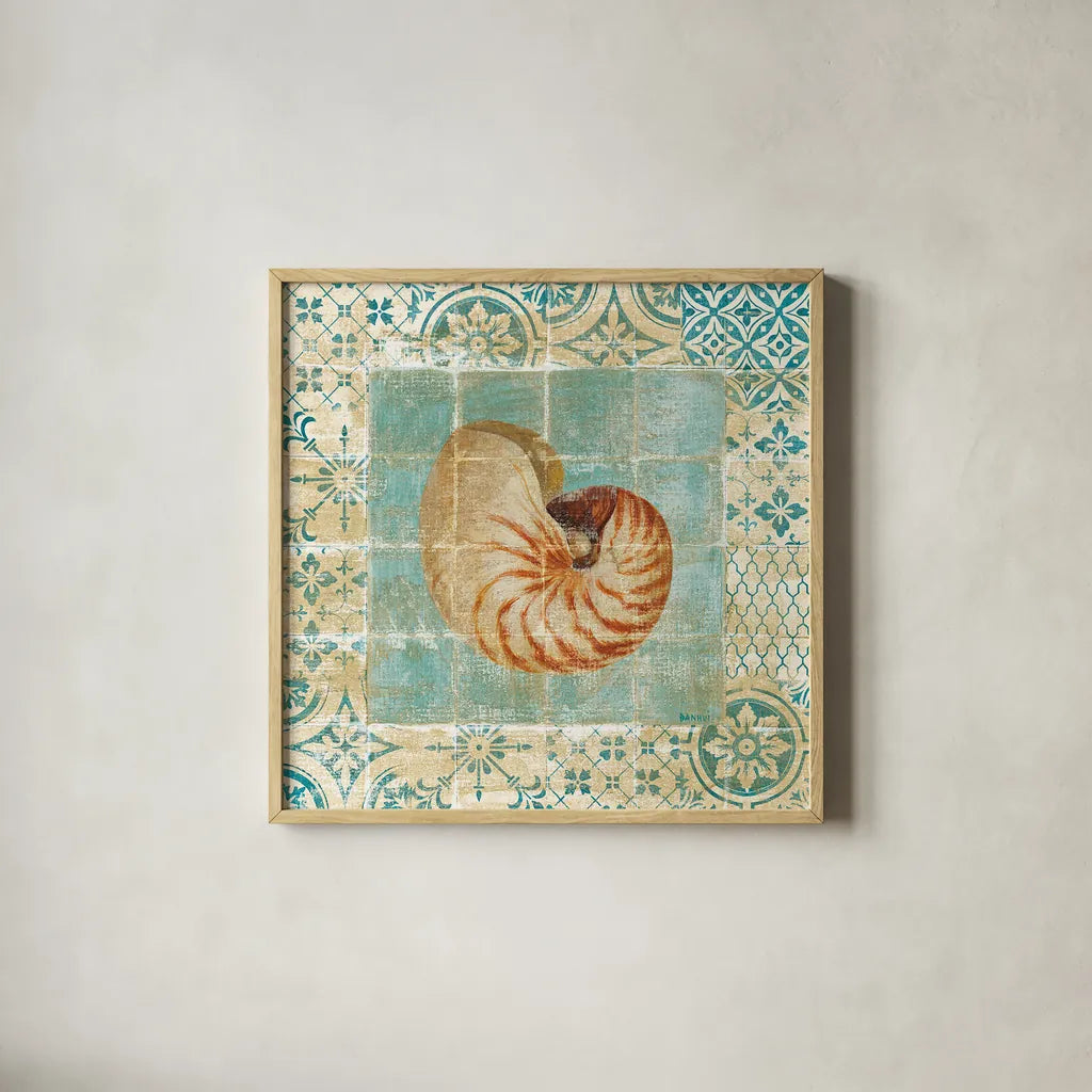 Shell Tiles III Blue by Danhui Nai. Shown in a natural wood glass frame for a timeless modern aesthetic. Available as an archival giclee rolled canvas, fine art paper, or poster print. SKU 13350a.