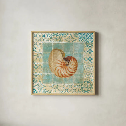 Shell Tiles III Blue by Danhui Nai. Shown in a natural wood glass frame for a timeless modern aesthetic. Available as an archival giclee rolled canvas, fine art paper, or poster print. SKU 13350a.