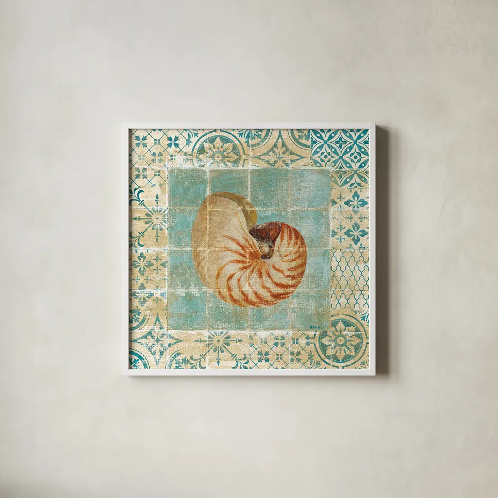 Shell Tiles III Blue by Danhui Nai. Shown in a crisp white glass frame for a clean and minimalist style. Available as an archival giclee rolled canvas, fine art paper, or poster print. SKU 13350a.