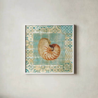 Shell Tiles III Blue by Danhui Nai. Shown in a crisp white glass frame for a clean and minimalist style. Available as an archival giclee rolled canvas, fine art paper, or poster print. SKU 13350a.
