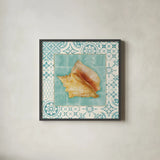 Shell Tiles IV by Danhui Nai. Shown in a sleek black glass frame for a contemporary gallery look. Available as an archival giclee rolled canvas, fine art paper, or poster print. SKU 13351a.