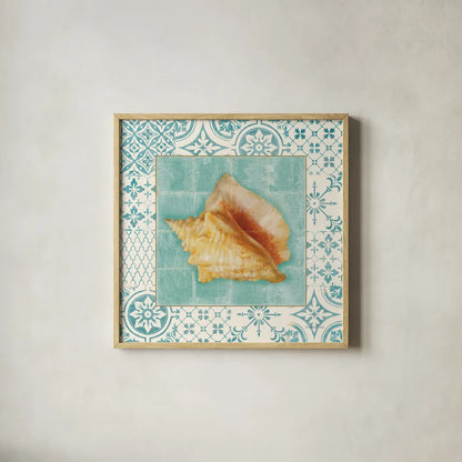 Shell Tiles IV by Danhui Nai. Shown in a natural wood glass frame for a timeless modern aesthetic. Available as an archival giclee rolled canvas, fine art paper, or poster print. SKU 13351a.