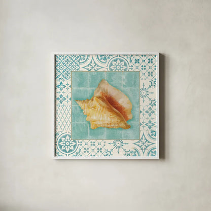 Shell Tiles IV by Danhui Nai. Shown in a crisp white glass frame for a clean and minimalist style. Available as an archival giclee rolled canvas, fine art paper, or poster print. SKU 13351a.