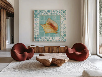 Shell Tiles IV by Danhui Nai. Shown as extra-large giant wall art in a modern living room. Available as an archival giclee rolled canvas, fine art paper, or poster print. SKU 13351a.