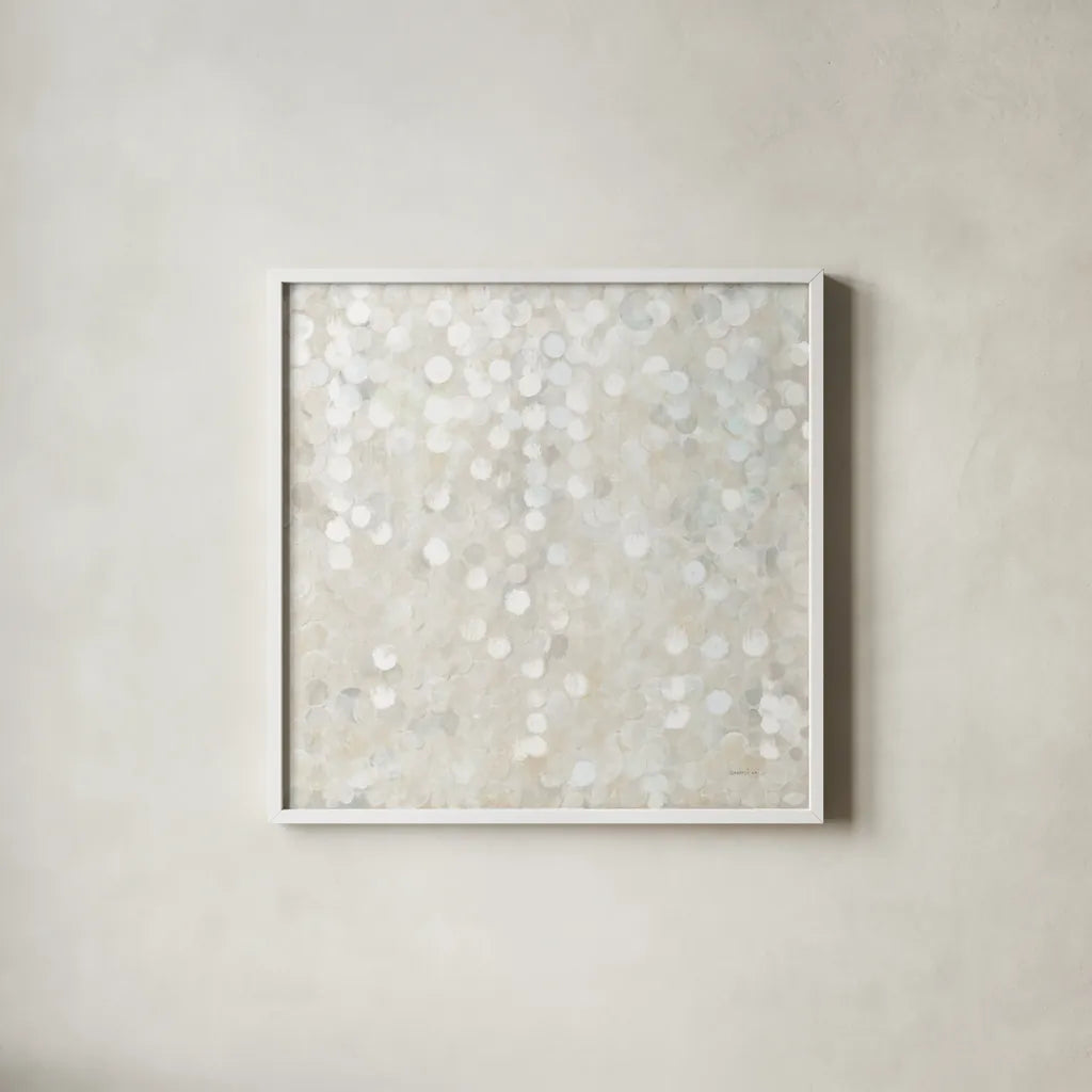 Shimmering Cascade by Danhui Nai. Shown in a crisp white glass frame for a clean and minimalist style. Available as an archival giclee rolled canvas, fine art paper, or poster print. SKU 92679a.