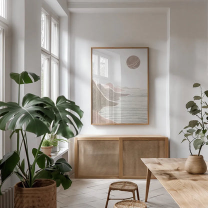 Shore Upon Shore by Danhui Nai. shown as a print in a natural wood frame in a dining room. Available as a archival giclee rolled canvas, fine art paper, or poster print. SKU 67232h.