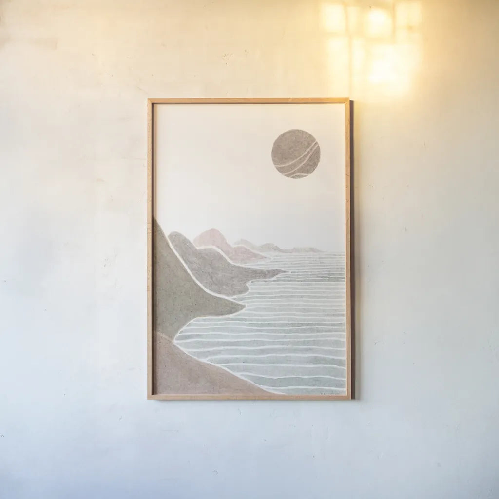 Shore Upon Shore by Danhui Nai. shown as a paper print in a natural frame. Available as a archival giclee rolled canvas, fine art paper, or poster print. SKU 67232h.