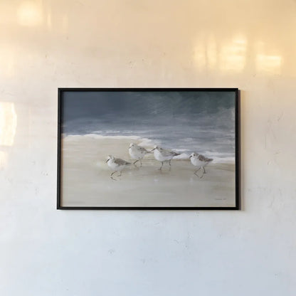 Shorebirds on Sand I Blue by Danhui Nai. shown as a paper print in a black flame. Available as a archival giclee rolled canvas, fine art paper, or poster print. SKU 88377i.