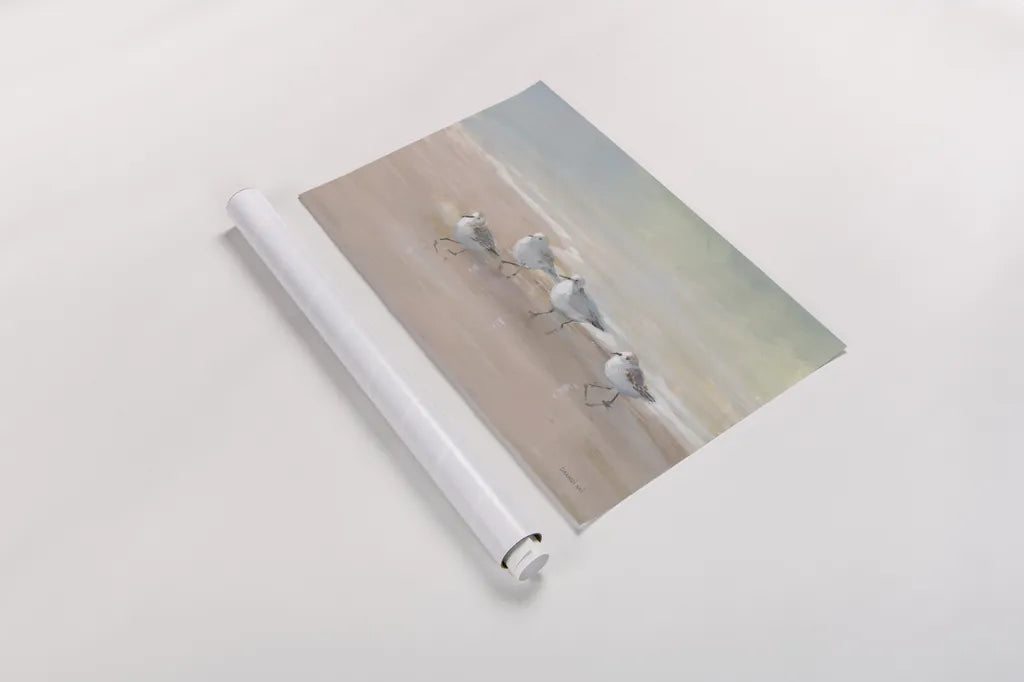 Shorebirds on the Sand I by Danhui Nai. shown as a rolled paper print. Available as archival giclee rolled canvas, fine art paper, or poster print. SKU 81239i.