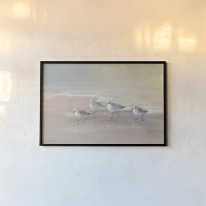 Shorebirds on the Sand I by Danhui Nai. shown as a paper print in a black flame. Available as a archival giclee rolled canvas, fine art paper, or poster print. SKU 81239i.