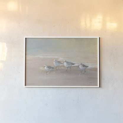Shorebirds on the Sand I by Danhui Nai. shown as a paper print in a white frame. Available as a archival giclee rolled canvas, fine art paper, or poster print. SKU 81239i.