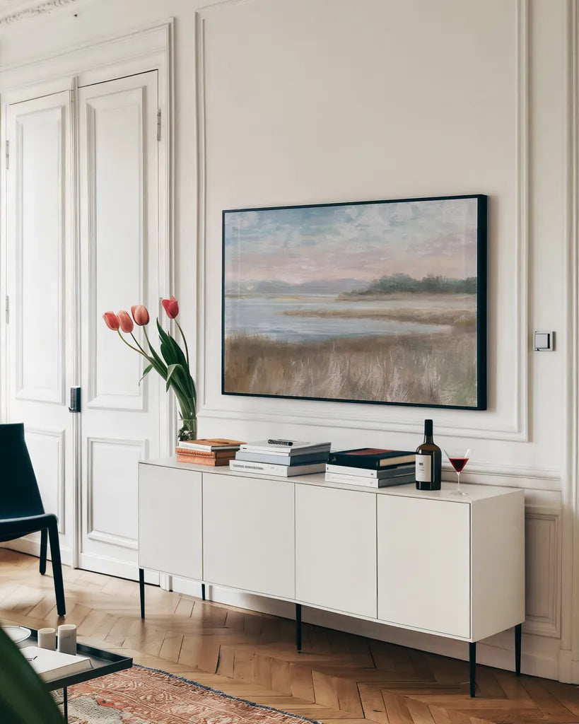 Silver Waters by Danhui Nai. shown as a framed stretched canvas in a living room above a console. Available as a archival giclee rolled canvas, fine art paper, or poster print. SKU 70123i.