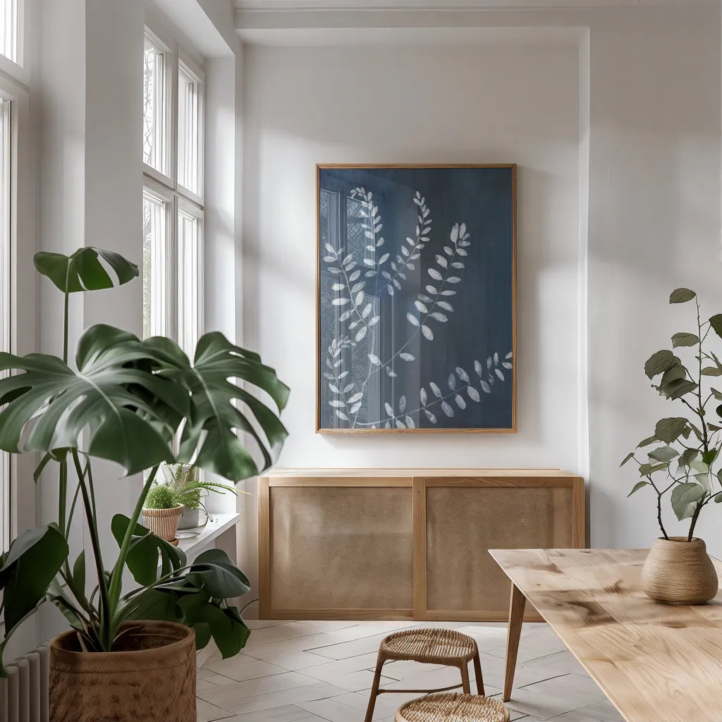 Simple Nature I Crop by Danhui Nai. shown as a print in a natural wood frame in a dining room. Available as a archival giclee rolled canvas, fine art paper, or poster print. SKU 73192h.