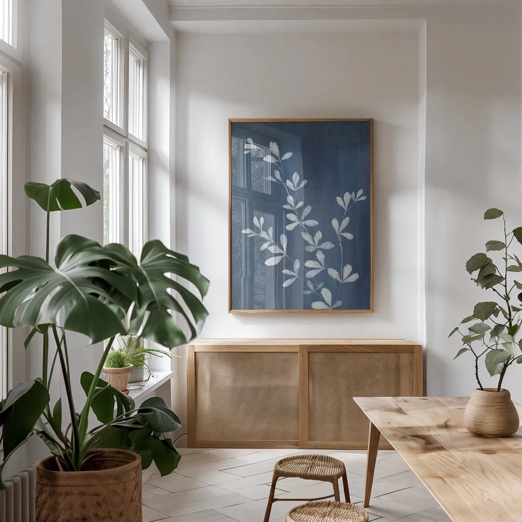 Simple Nature II Crop by Danhui Nai. shown as a print in a natural wood frame in a dining room. Available as a archival giclee rolled canvas, fine art paper, or poster print. SKU 73193h.
