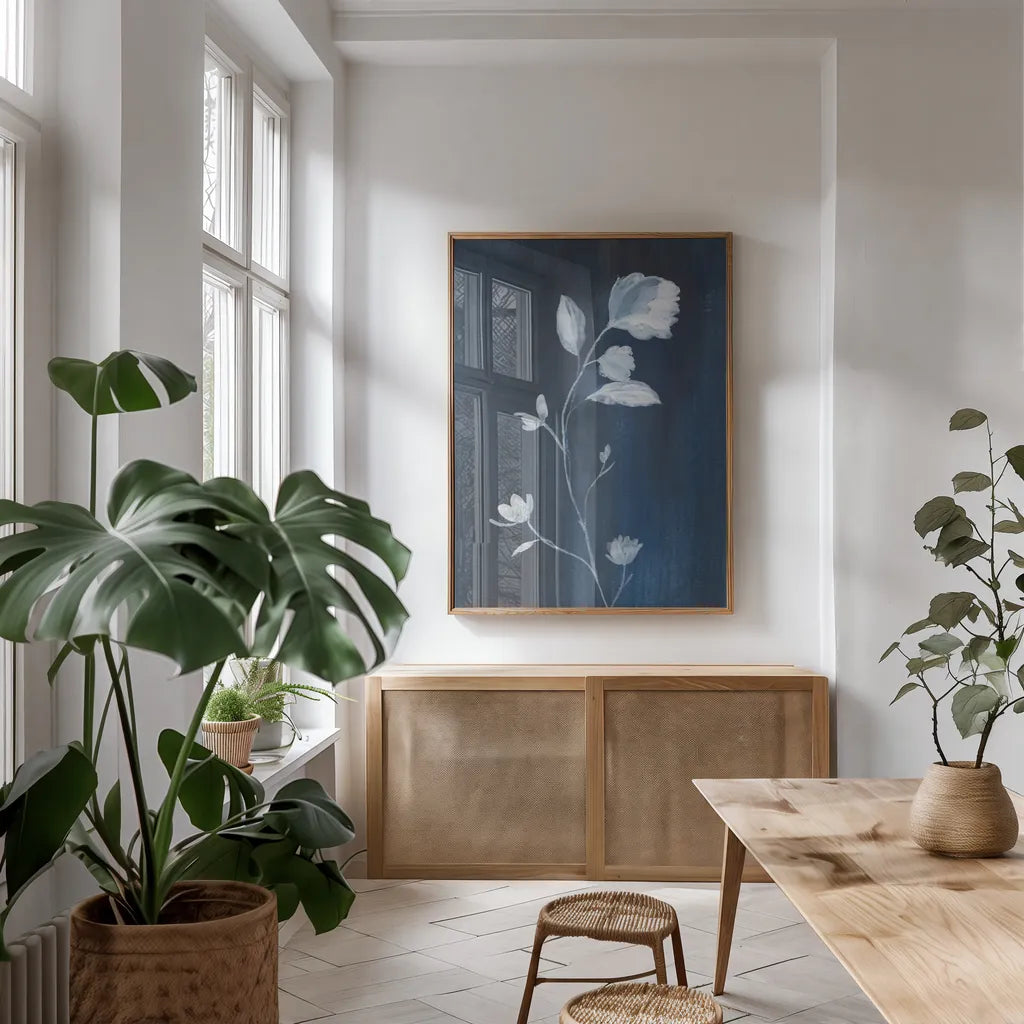 Simple Nature III Crop by Danhui Nai. shown as a print in a natural wood frame in a dining room. Available as a archival giclee rolled canvas, fine art paper, or poster print. SKU 73194h.
