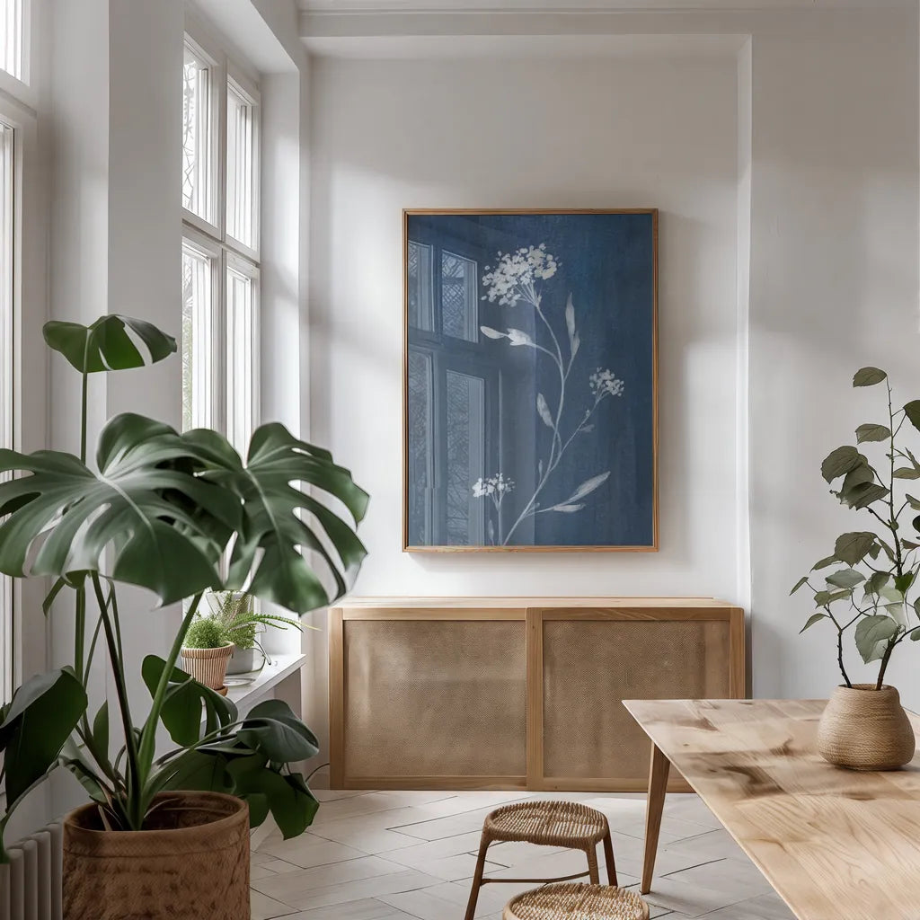 Simple Nature IV Crop by Danhui Nai. shown as a print in a natural wood frame in a dining room. Available as a archival giclee rolled canvas, fine art paper, or poster print. SKU 73195h.