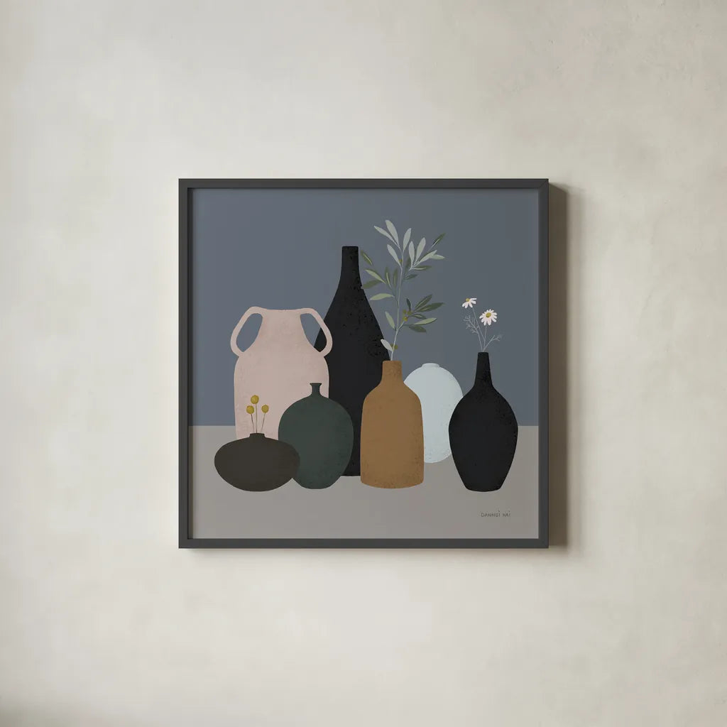 Simple Vessels I by Danhui Nai. Shown in a sleek black glass frame for a contemporary gallery look. Available as an archival giclee rolled canvas, fine art paper, or poster print. SKU 86338a.