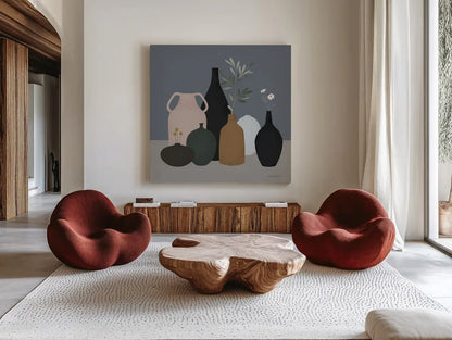 Simple Vessels I by Danhui Nai. Shown as extra-large giant wall art in a modern living room. Available as an archival giclee rolled canvas, fine art paper, or poster print. SKU 86338a.
