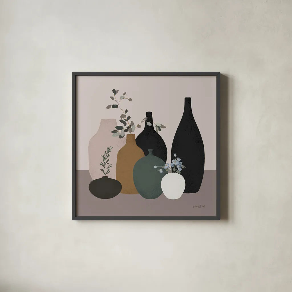 Simple Vessels II by Danhui Nai. Shown in a sleek black glass frame for a contemporary gallery look. Available as an archival giclee rolled canvas, fine art paper, or poster print. SKU 86339a.