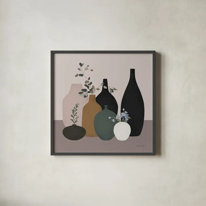 Simple Vessels II by Danhui Nai. Shown in a sleek black glass frame for a contemporary gallery look. Available as an archival giclee rolled canvas, fine art paper, or poster print. SKU 86339a.