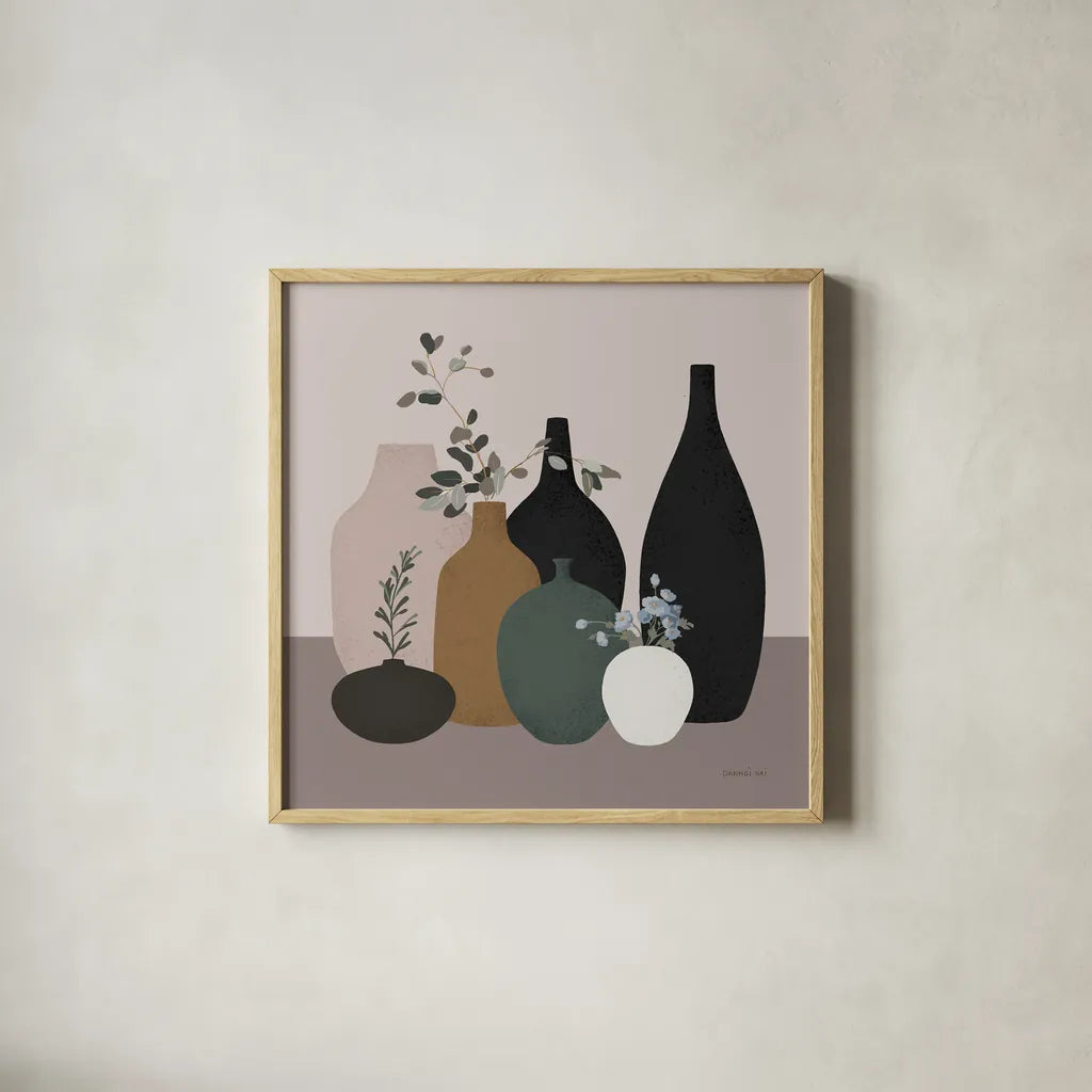 Simple Vessels II by Danhui Nai. Shown in a natural wood glass frame for a timeless modern aesthetic. Available as an archival giclee rolled canvas, fine art paper, or poster print. SKU 86339a.