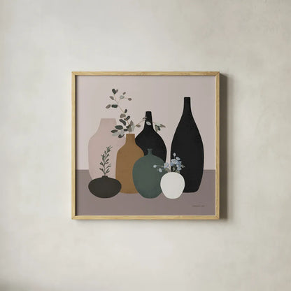 Simple Vessels II by Danhui Nai. Shown in a natural wood glass frame for a timeless modern aesthetic. Available as an archival giclee rolled canvas, fine art paper, or poster print. SKU 86339a.