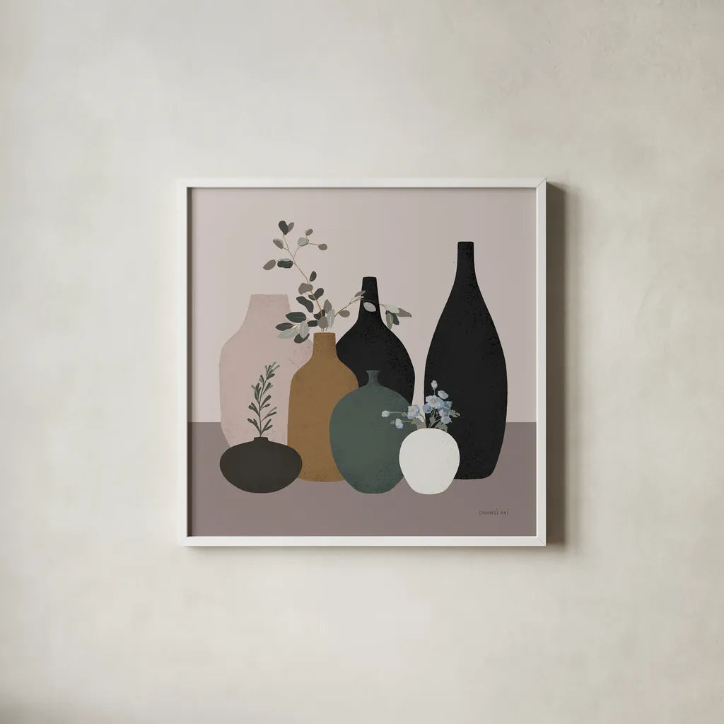 Simple Vessels II by Danhui Nai. Shown in a crisp white glass frame for a clean and minimalist style. Available as an archival giclee rolled canvas, fine art paper, or poster print. SKU 86339a.