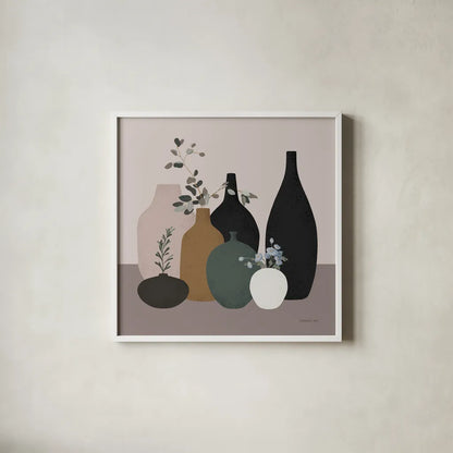 Simple Vessels II by Danhui Nai. Shown in a crisp white glass frame for a clean and minimalist style. Available as an archival giclee rolled canvas, fine art paper, or poster print. SKU 86339a.
