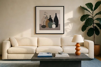 Simple Vessels II by Danhui Nai. Displayed in a glass frame with matte in a clean modern living room. Available as an archival giclee rolled canvas, fine art paper, or poster print. SKU 86339a.