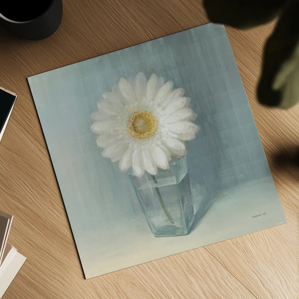 Single White Daisy by Danhui Nai. Shown as a detailed flat fine art print, highlighting archival giclee quality. Available as an archival giclee rolled canvas, fine art paper, or poster print. SKU 5183a.